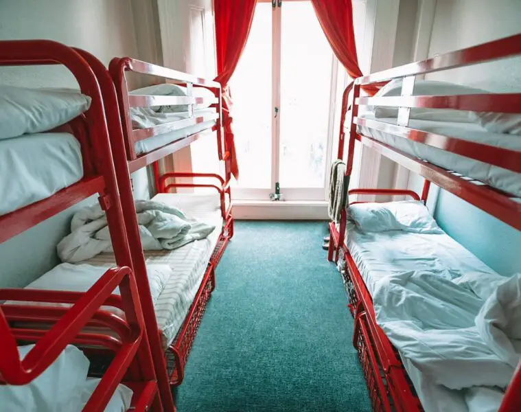 photo of a hostel room with two bunk beds