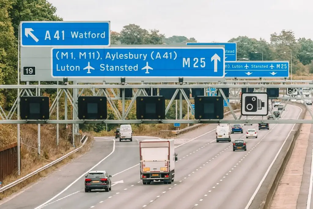 Motorway showing a sign post to Stansted Airport