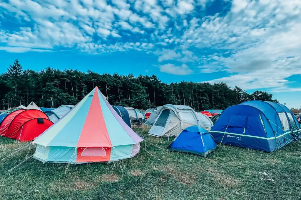 General Camping at Camp Wildfire. There is a colourful circus looking tent on the left and various blue and red tents in the background located on a field