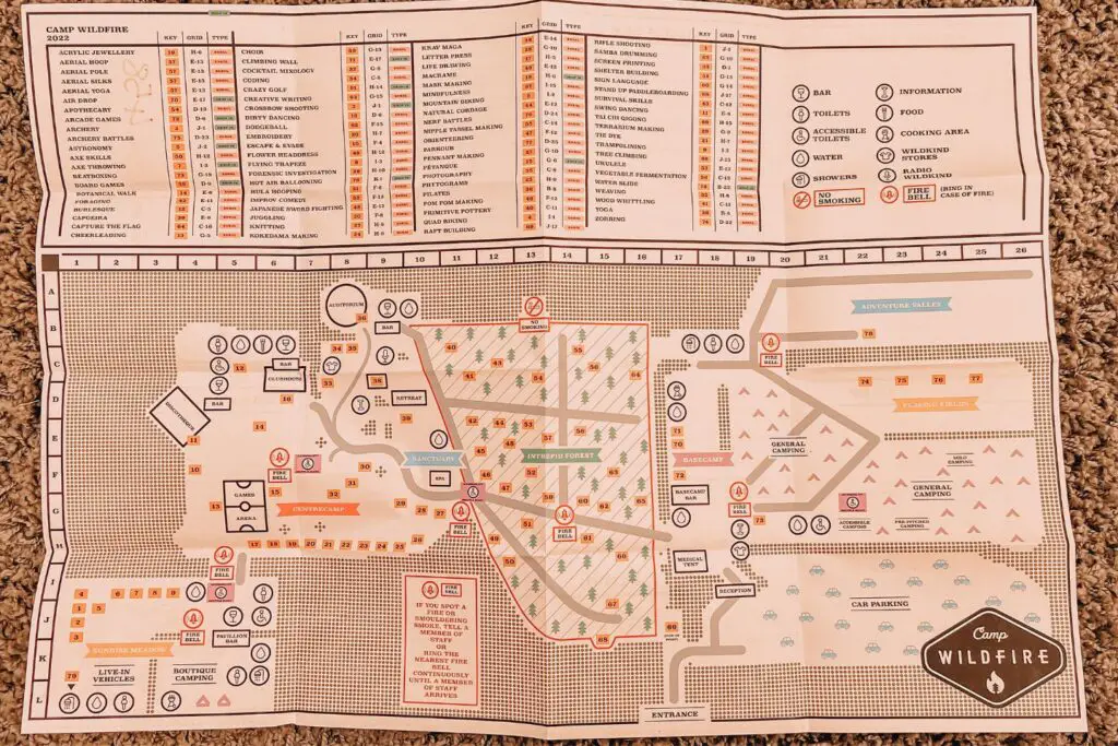 map of camp wildfire with activities