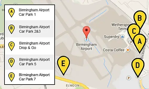 NCP Birmingham Airport Drop Off Map with pins to where each car park is